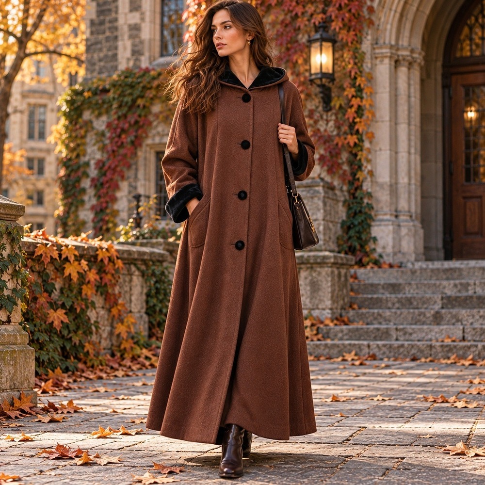 Vtg 90s Forecaster Boston Wool Maxi Coat Sz 8 Brown Hooded Velvet Dark Academia